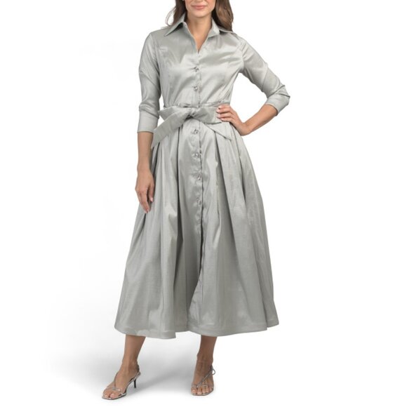 MARINA Silver Long Sleeve Taffetta Stretch Gown - Picture 1 of 2